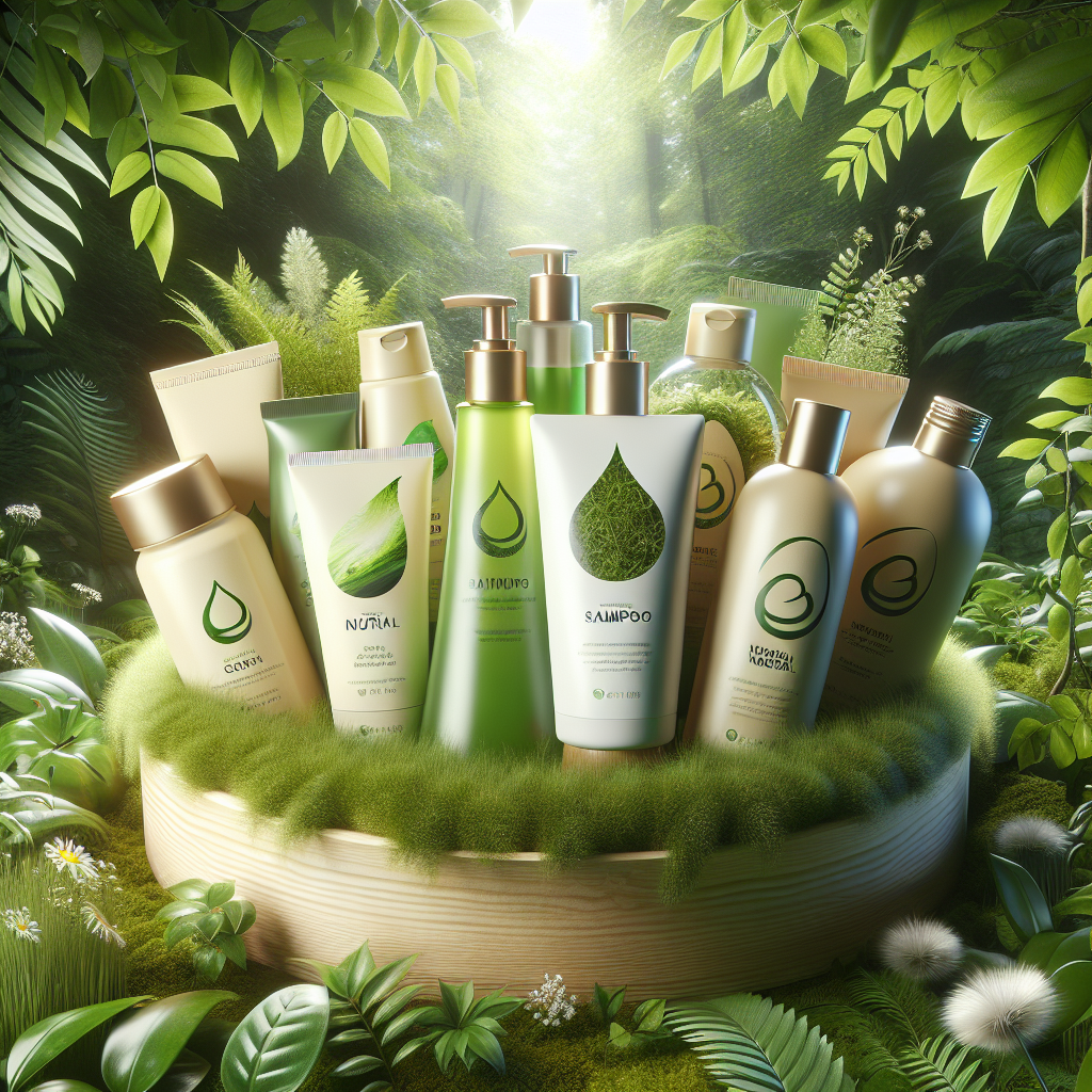 A vibrant display of various natural shampoos with eco-friendly packaging in a lush green setting