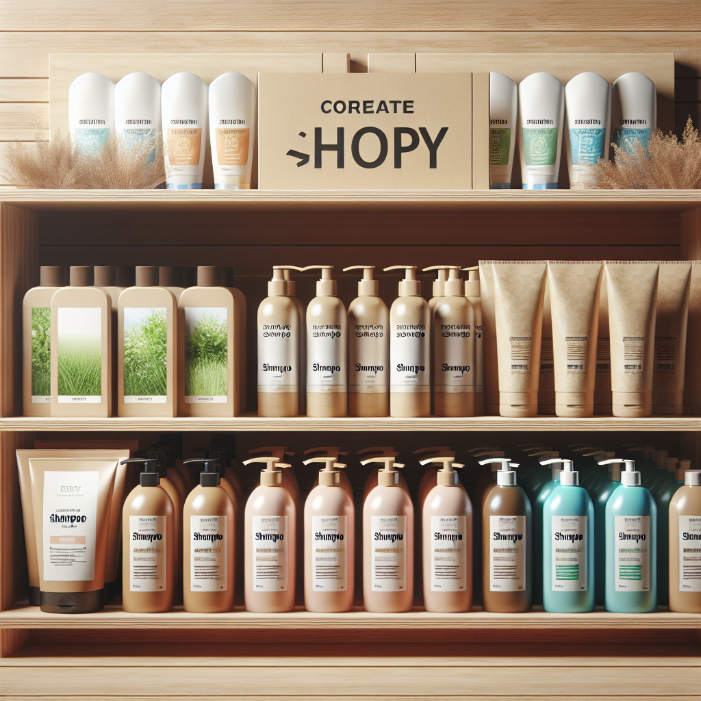 A vibrant display of various natural shampoos in eco-friendly packaging on a wooden shelf