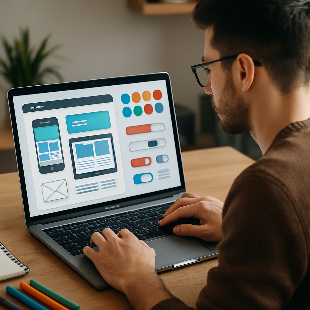 A modern web designer working on a laptop with various design elements displayed on the screen, showcasing responsive web design concepts, color schemes, and UI/UX elements