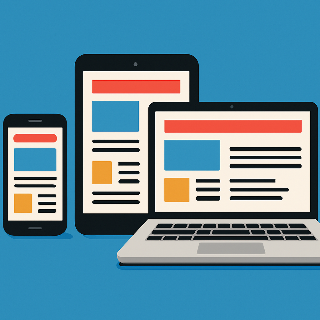 A visually striking illustration depicting various devices (mobile phone, tablet, laptop) displaying the same website layout responsively
