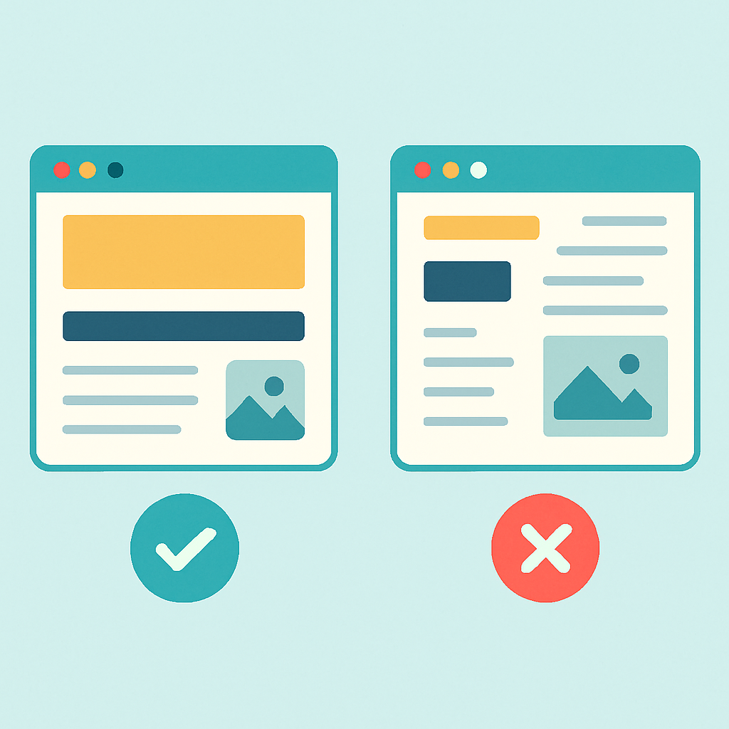 A visually appealing illustration showing the difference between good UX/UI design versus poor UX/UI design in web pages