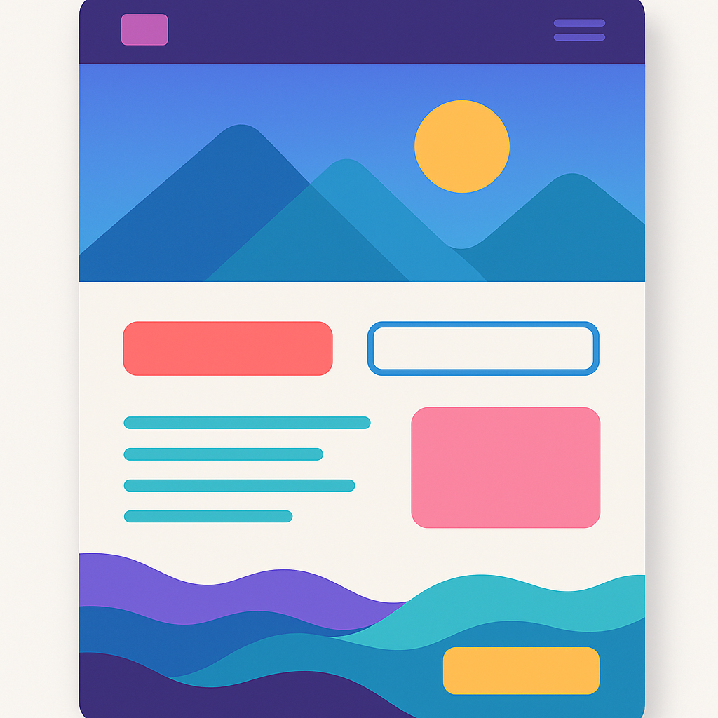 A modern web page layout showcasing flat design elements with interactive buttons and parallax scrolling effects