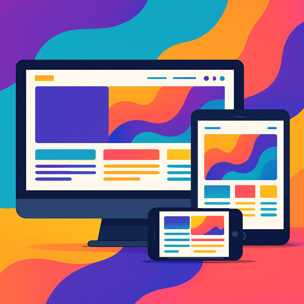 A vibrant modern web design showcasing engaging color schemes, typography styles, and scalable vector graphics on various devices