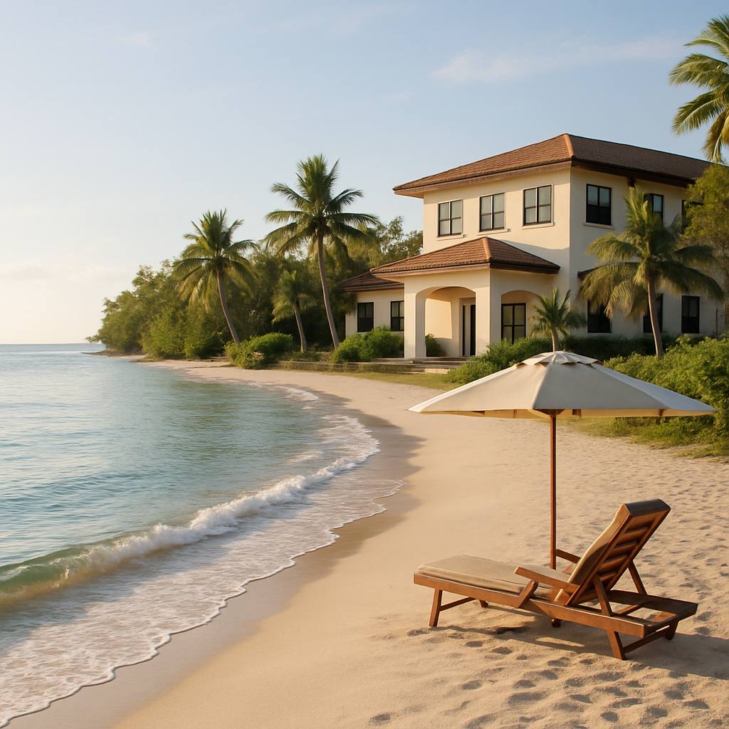 A serene beach view with a rehabilitation center in the background, showcasing relaxation and healing