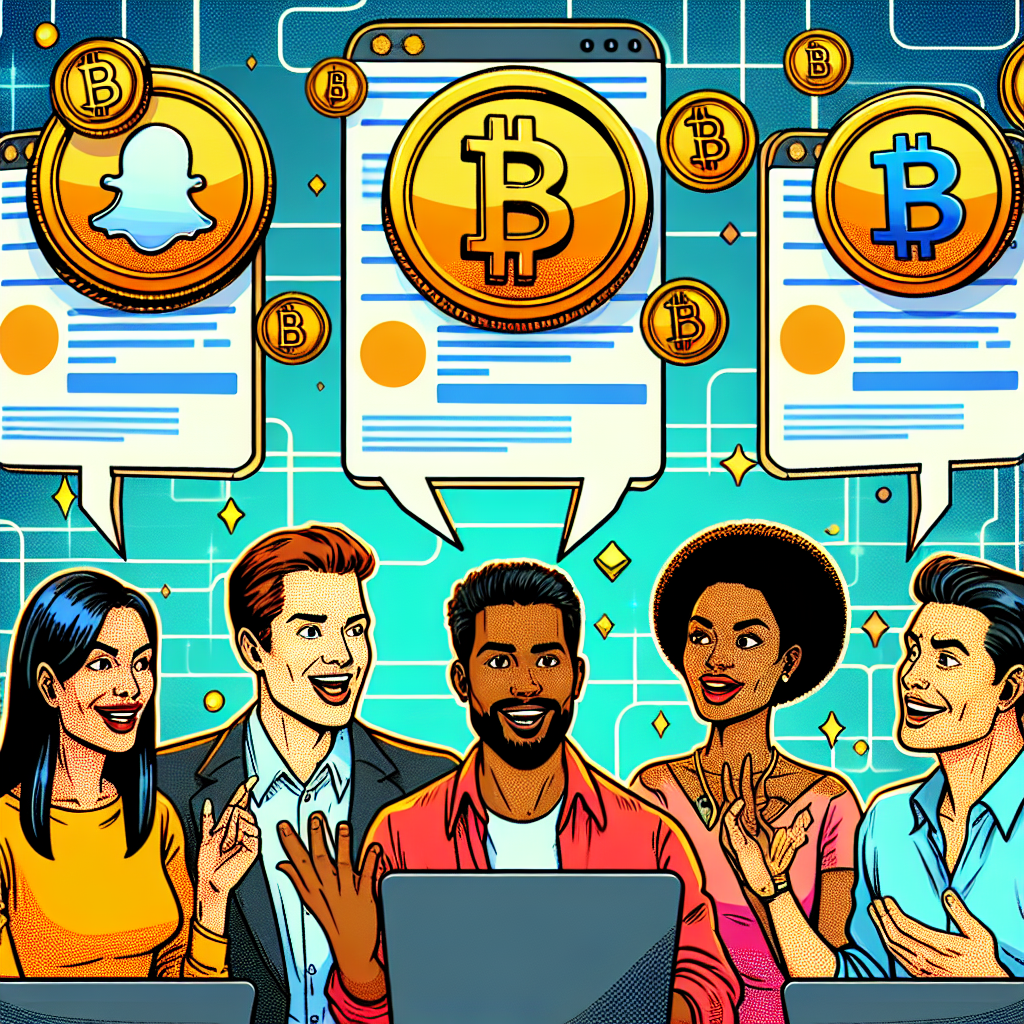 A vibrant illustration of people discussing cryptocurrencies in a lively online forum setting, with digital tokens floating around
