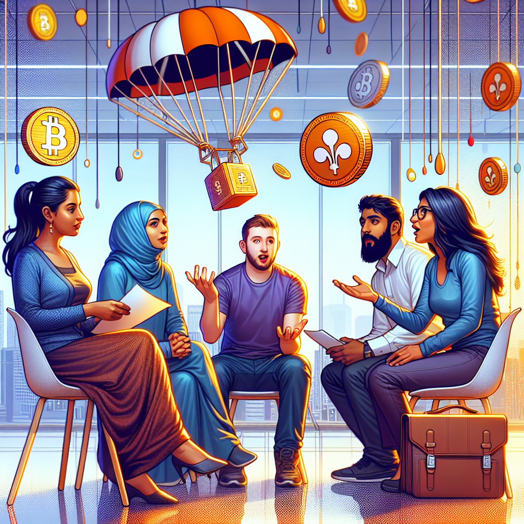 A vibrant illustration of people discussing cryptocurrency and airdrops on Reddit
