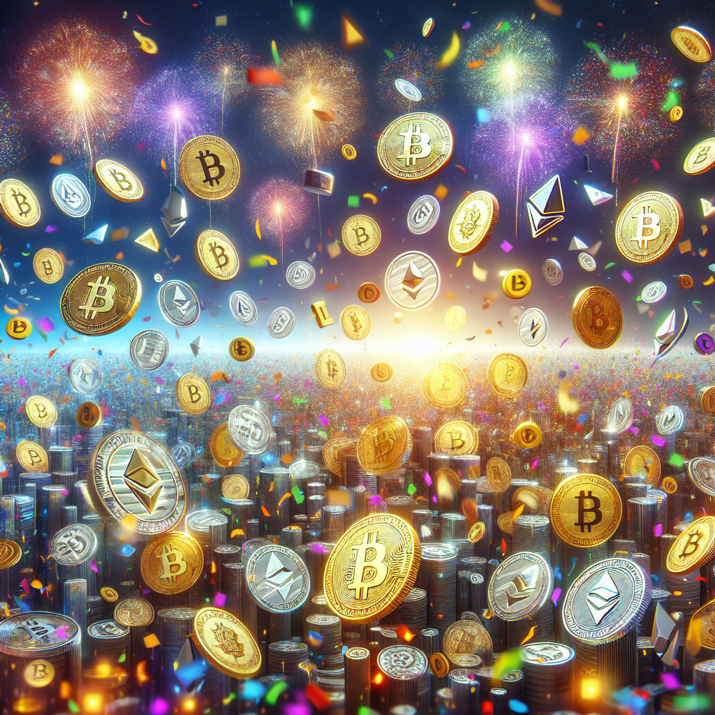 A vibrant digital landscape depicting various cryptocurrencies and tokens being distributed like confetti at a blockchain party