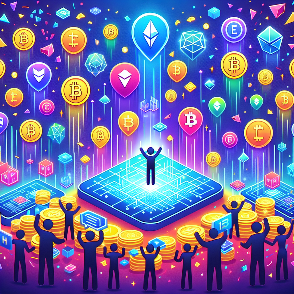 A colorful illustration depicting various types of <a href='https://www.airdropexperts.com/how-to-identify-legitimate-airdrops-and-avoid-common-pitfalls/'>cryptocurrency airdrops</a> like NFTs and blockchain tokens being distributed at a virtual party