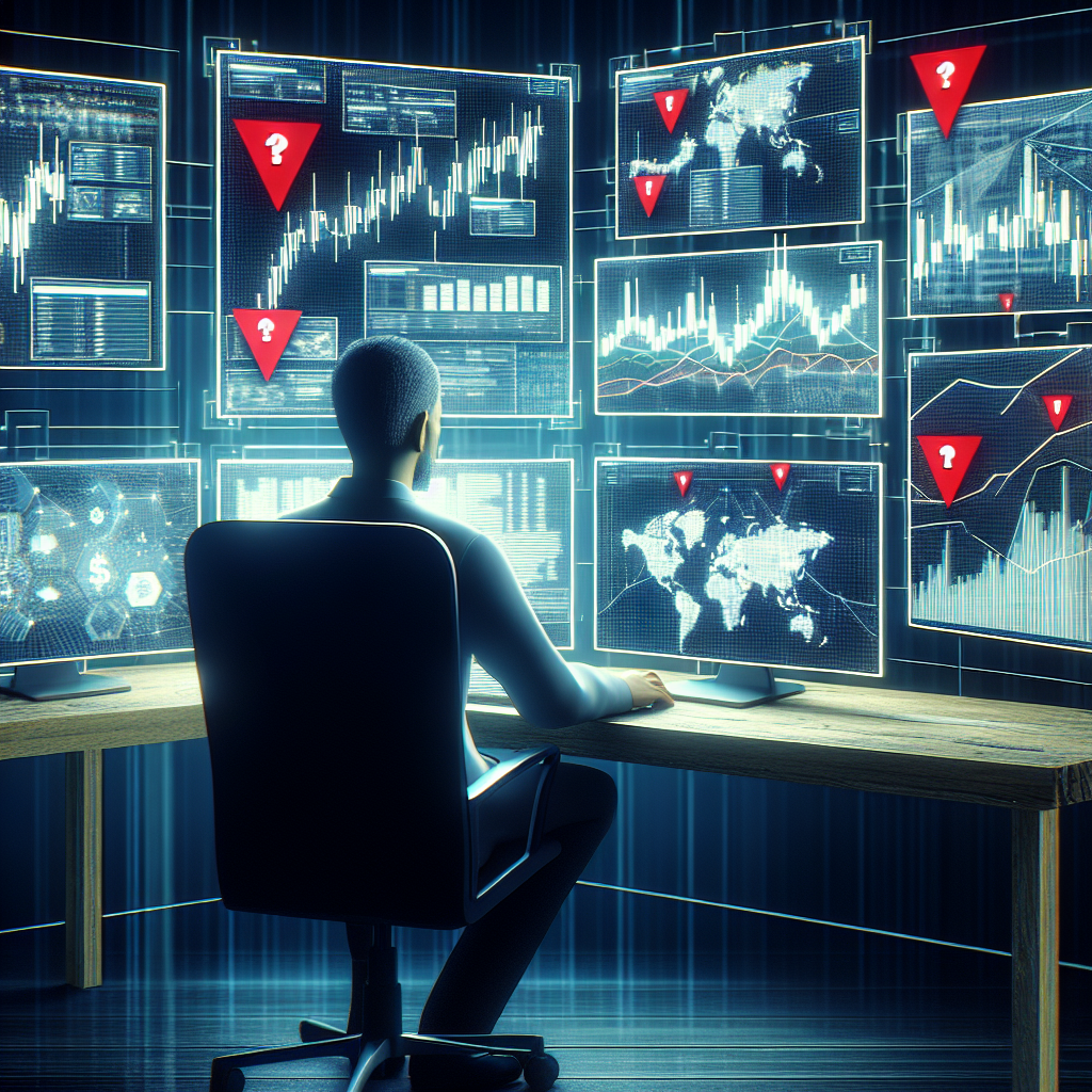 A person looking at computer screens filled with cryptocurrency charts and red flags symbolizing caution
