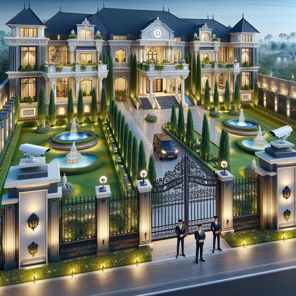 A luxurious estate with visible high-end security measures like surveillance cameras and guards
