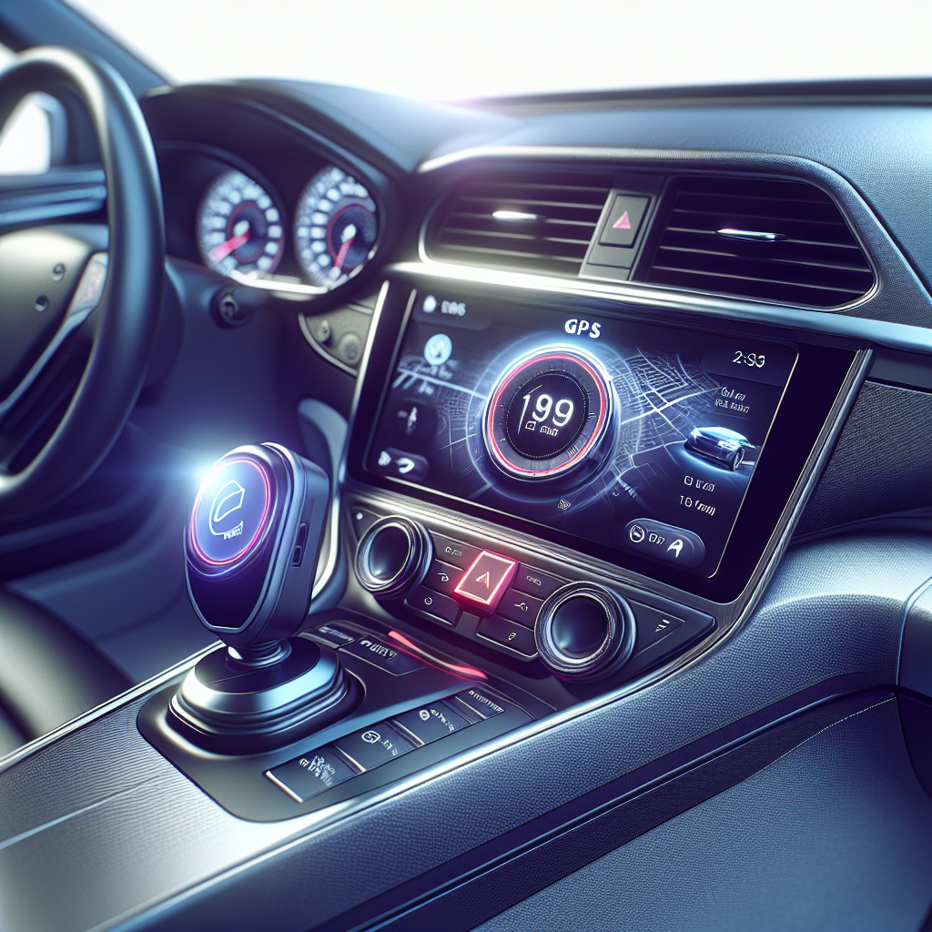 A modern car with a sleek GPS tracker installed on the dashboard