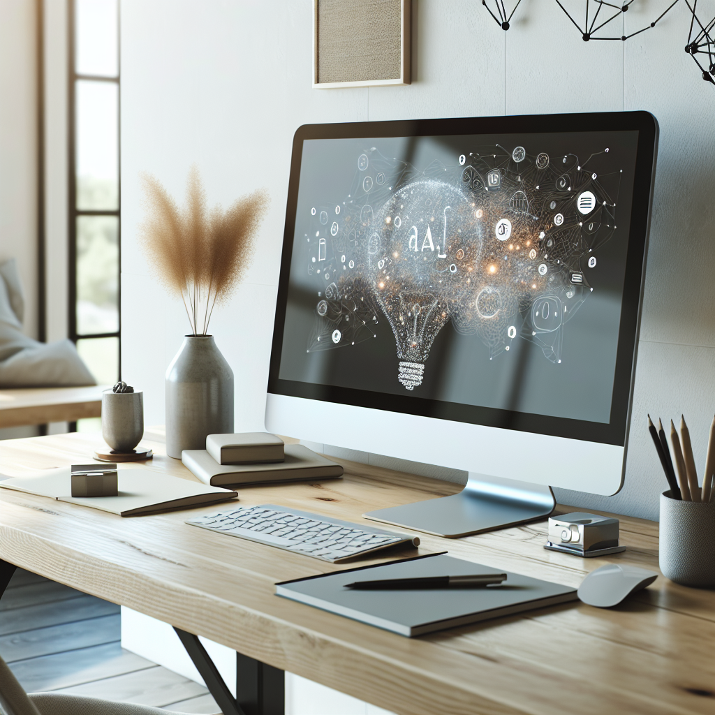 A creative workspace with an AI writing assistant generating ideas on a computer screen