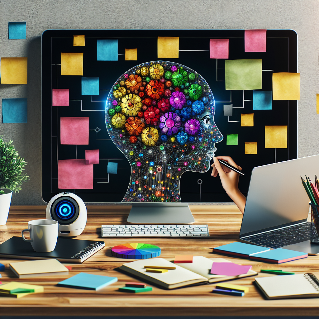 A creative workspace filled with colorful notes and an AI assistant brainstorming ideas on a digital screen