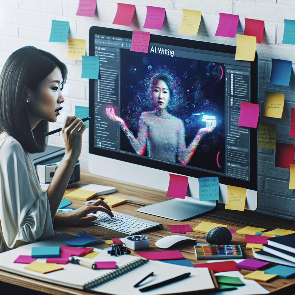A person brainstorming ideas with colorful sticky notes and an AI writing assistant on the computer screen