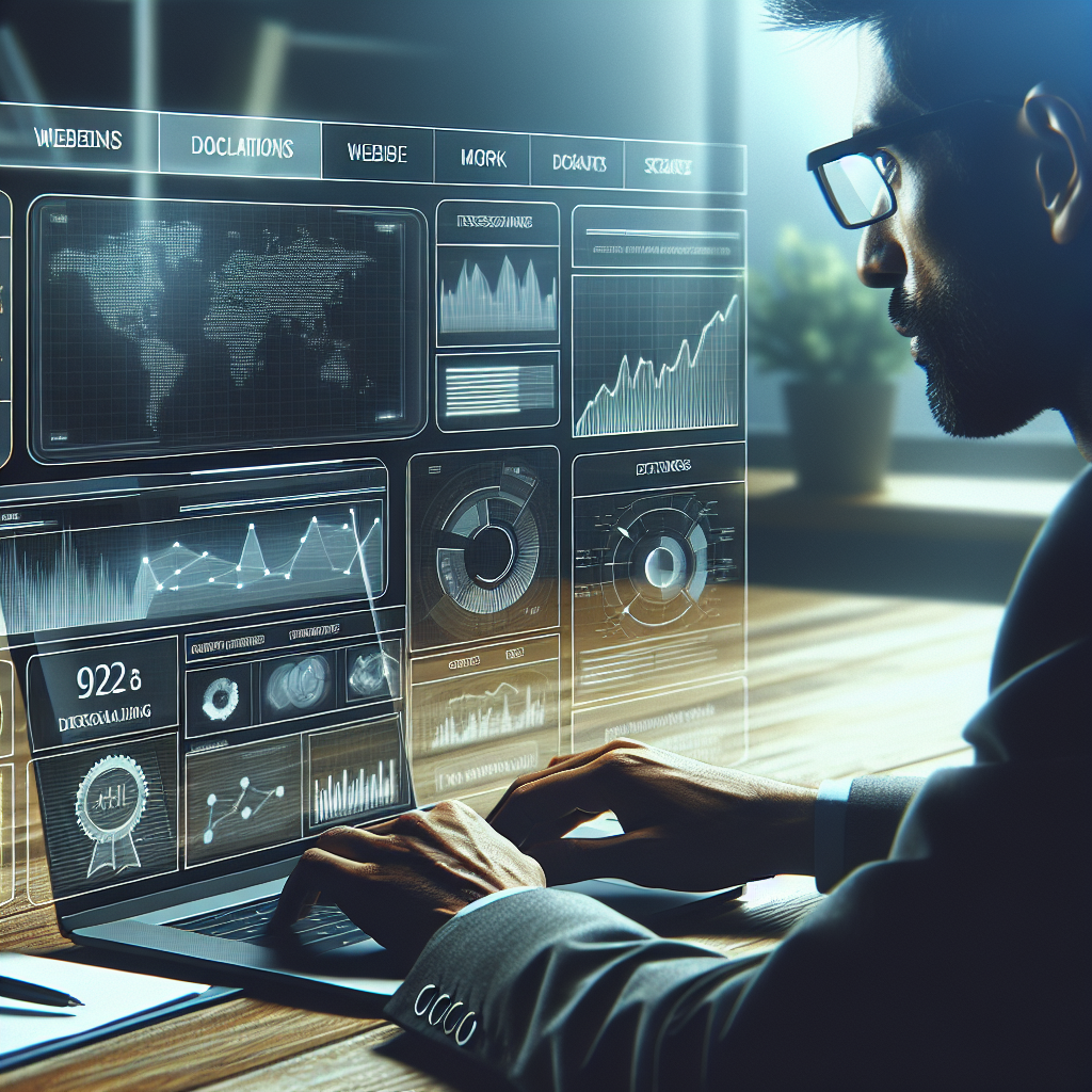 A person analyzing website data on a laptop with charts and graphs displayed on the screen