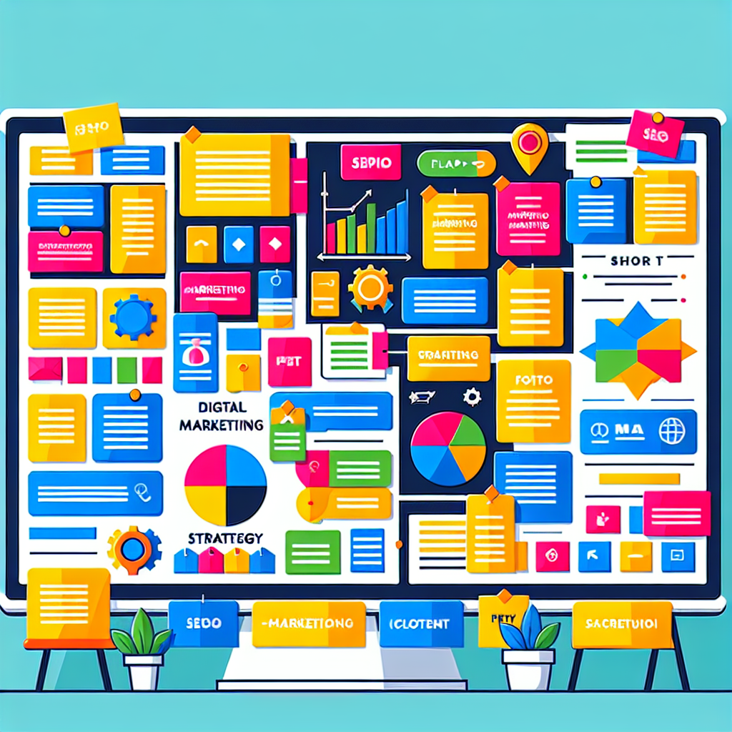 A digital marketing strategy board with colorful sticky notes about SEO and content marketing