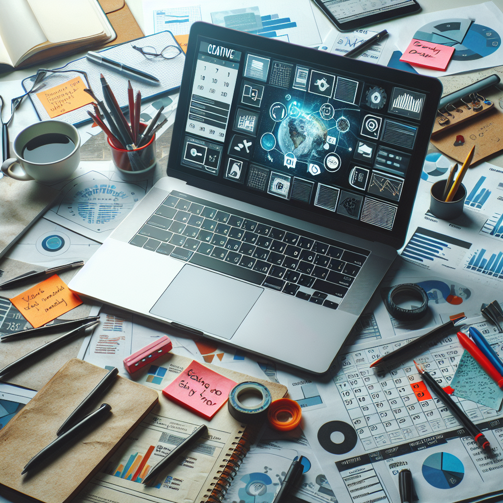 A creative workspace with notes and a laptop showing a content calendar for marketing