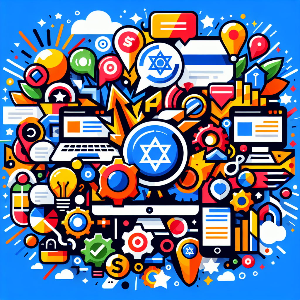 A vibrant illustration of a digital marketing landscape in Israel with websites and SEO elements