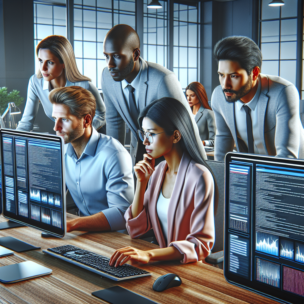 A team analyzing website data and competitor strategies in a modern office setting