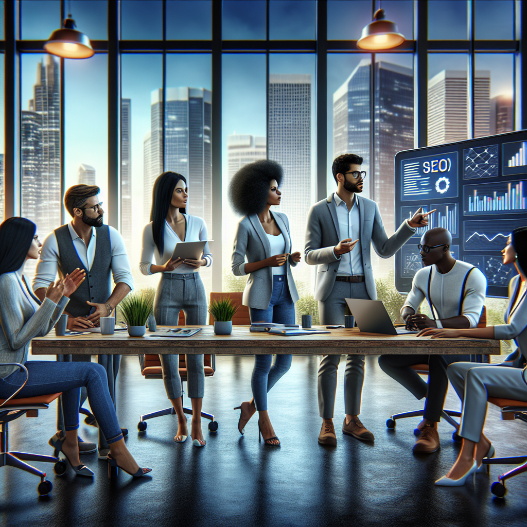 A professional team discussing SEO strategies in an office setting