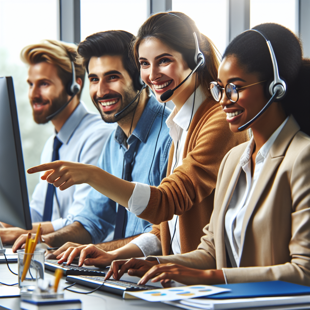 A friendly tech support team helping a client with a website issue in an office environment
