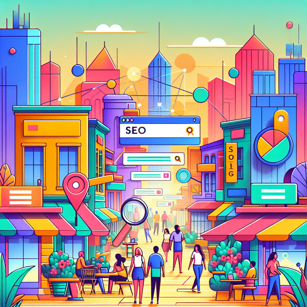 A vibrant illustration showing a busy street with shops and a digital overlay of search engine results highlighting SEO optimization