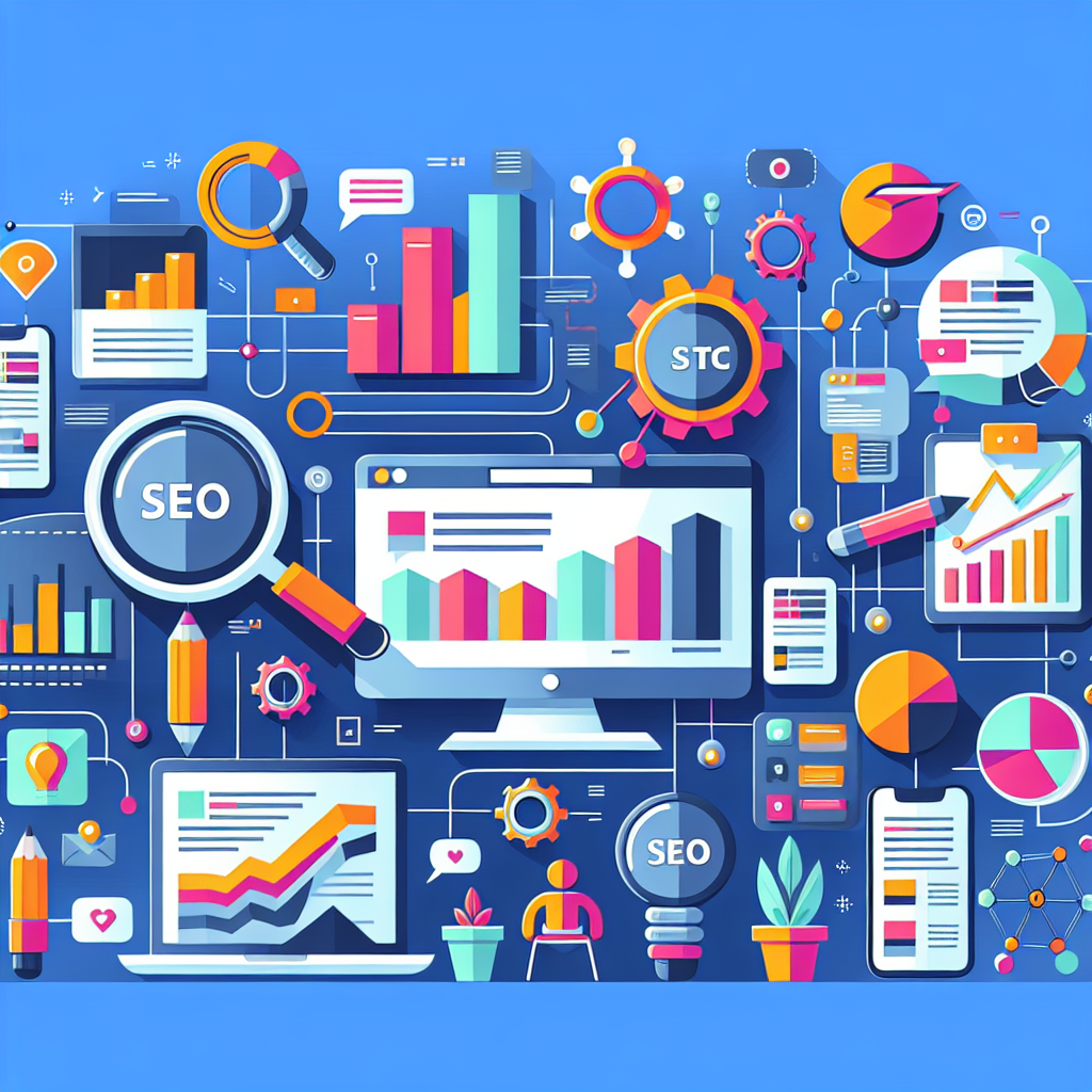 A vibrant illustration showing a digital marketing strategy with graphs and charts focused on SEO optimization for businesses