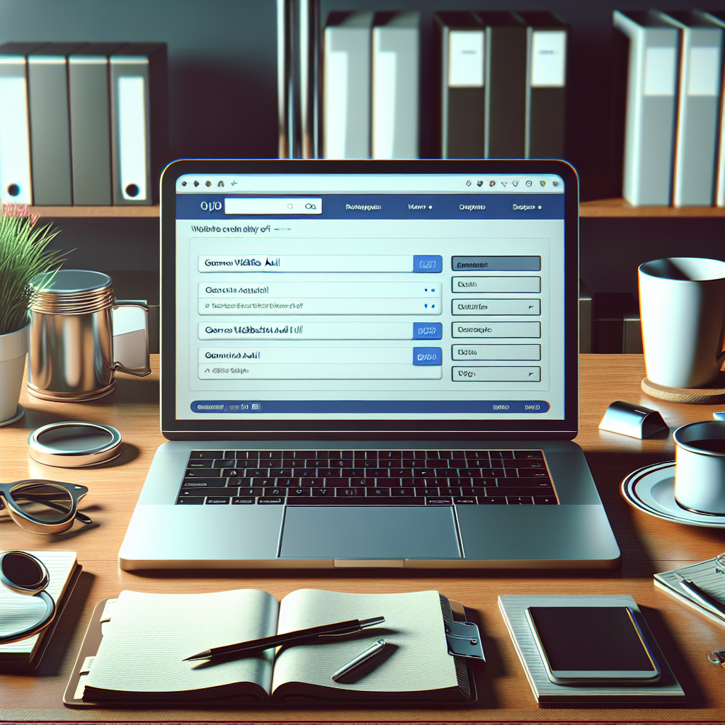 A modern office setting with a laptop displaying a website audit tool on the screen, surrounded by notepads and coffee cups