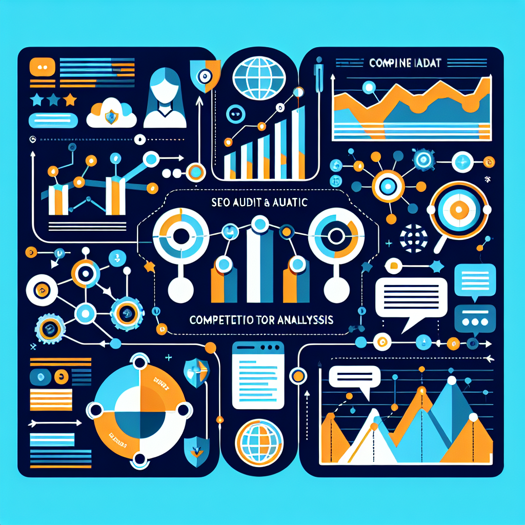 A creative visual representation of SEO audit and competitor analysis with charts and graphs