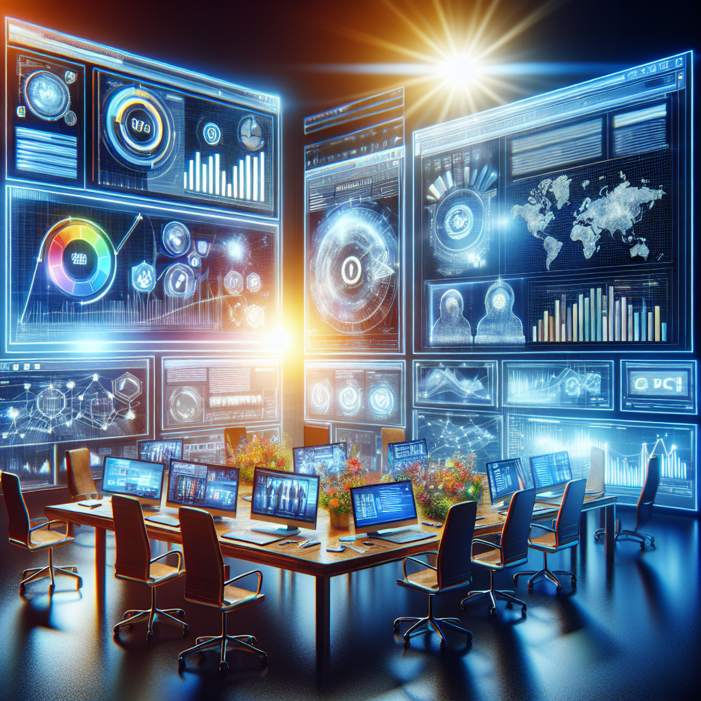A vibrant digital marketing scene showcasing various online advertising platforms like Google Ads and social media ads on screens. Include elements like charts and graphs to represent data analysis.