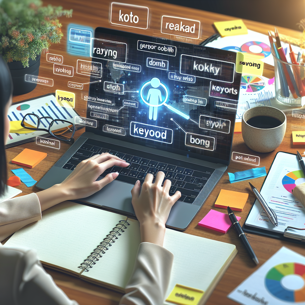 A creative workspace with a person analyzing keywords on a laptop screen filled with graphs and keyword suggestions for digital marketing campaigns. Include colorful sticky notes and marketing materials in the background.