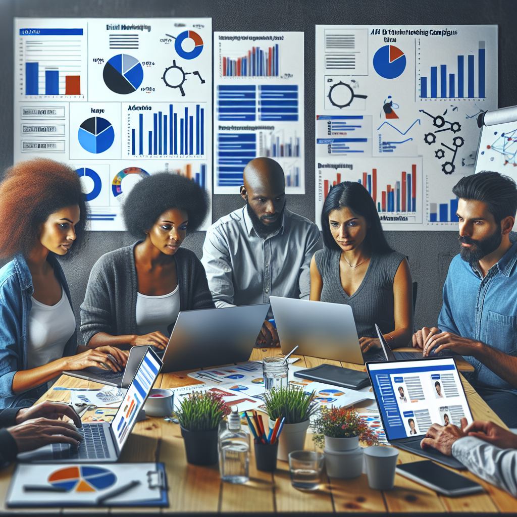 A digital marketing team conducting A/B testing on advertising campaigns using laptops and charts displaying different ad versions. Include a whiteboard with brainstorming ideas in the background.