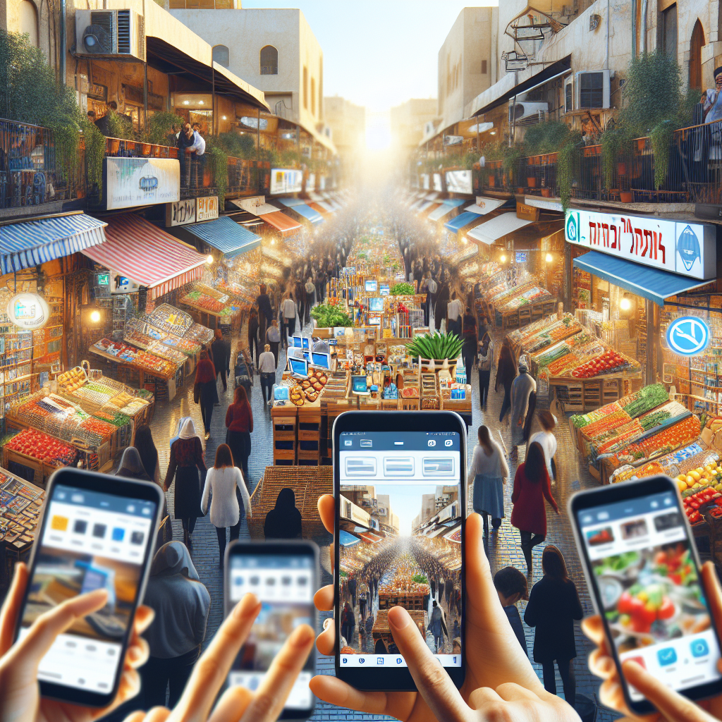 A busy Israeli marketplace with various businesses showcasing their websites on digital devices