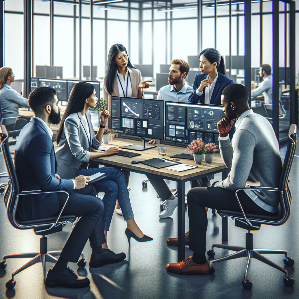 A team of diverse professionals discussing website design strategies in a modern office