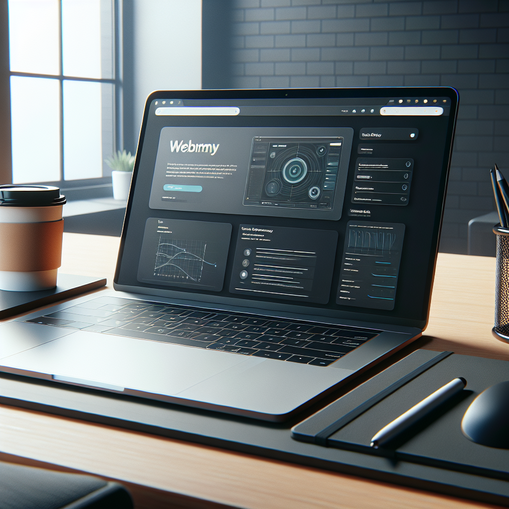 A modern workspace with a laptop displaying a website design interface and a coffee cup beside it
