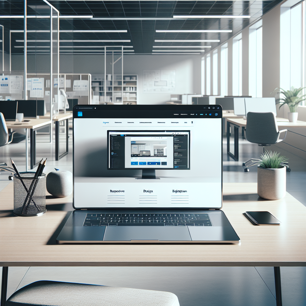 A modern office workspace with a laptop displaying a responsive website design on the screen