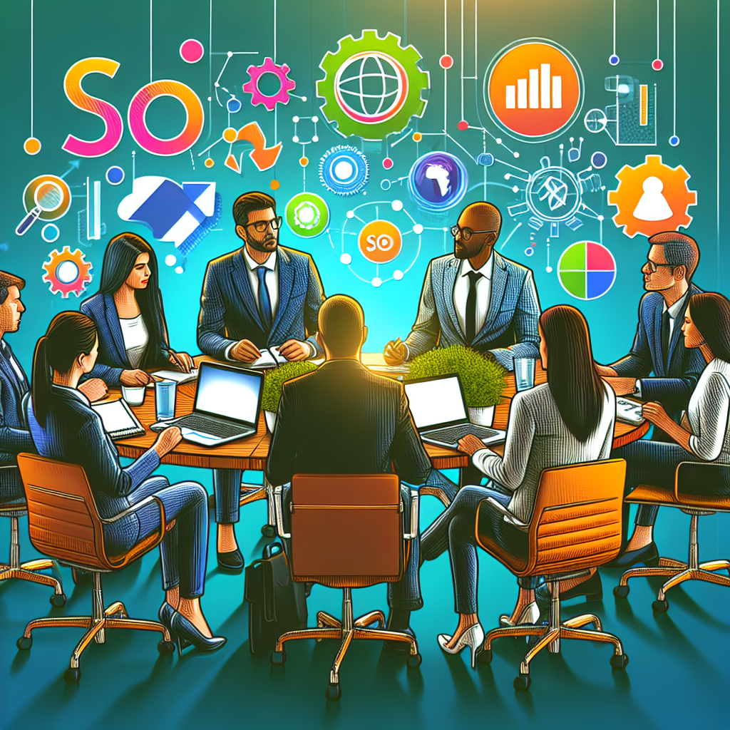 A vibrant digital marketing strategy meeting in Israel with diverse professionals discussing SEO strategies