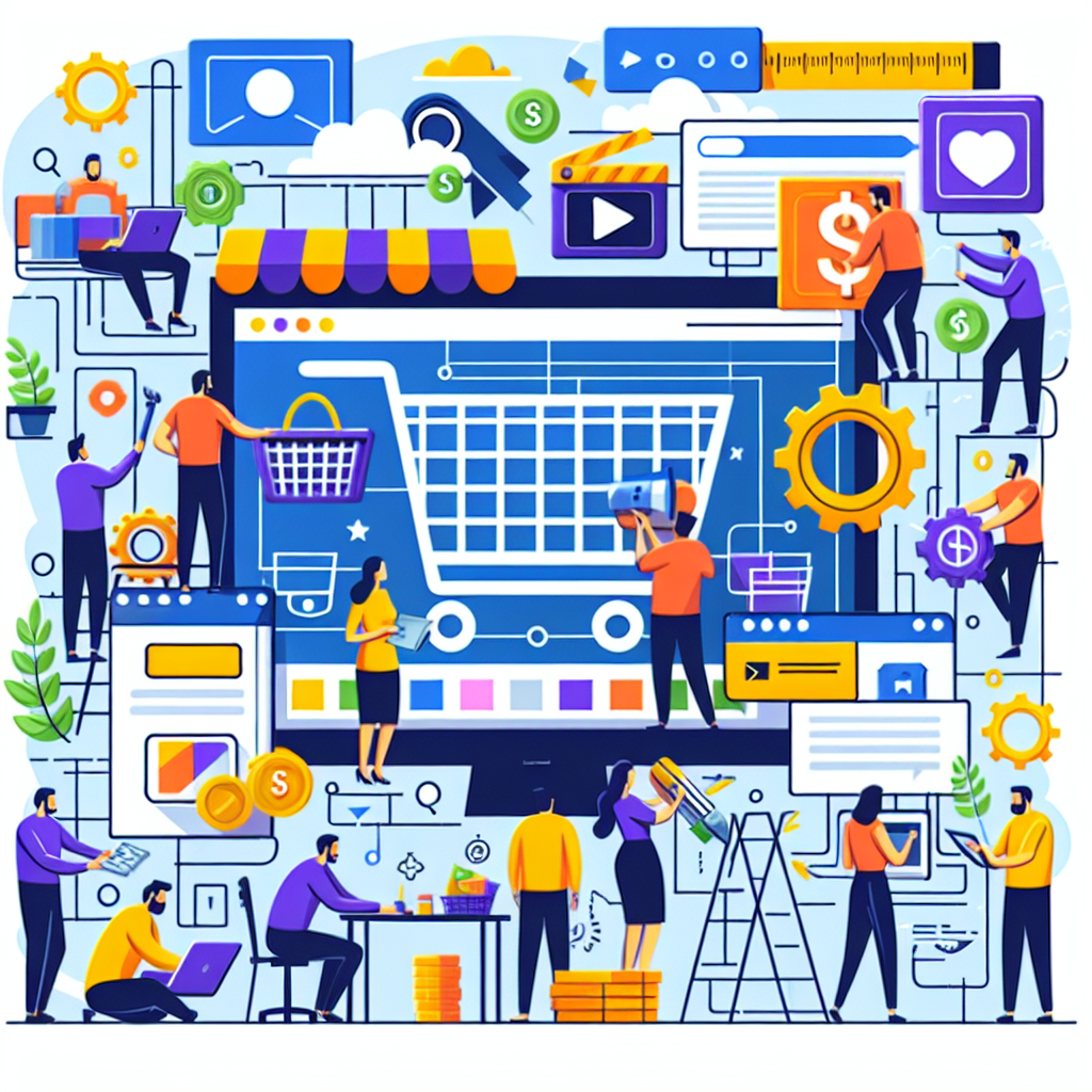 A vibrant and engaging illustration of an online store being built with various elements like shopping carts, payment systems, and a diverse team working together