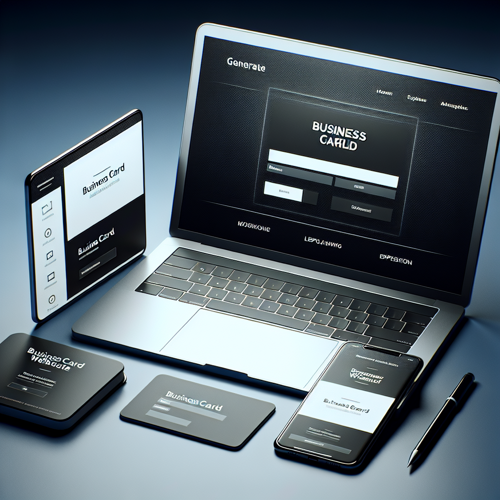 A modern and sleek business card website design displayed on various devices including a laptop and smartphone