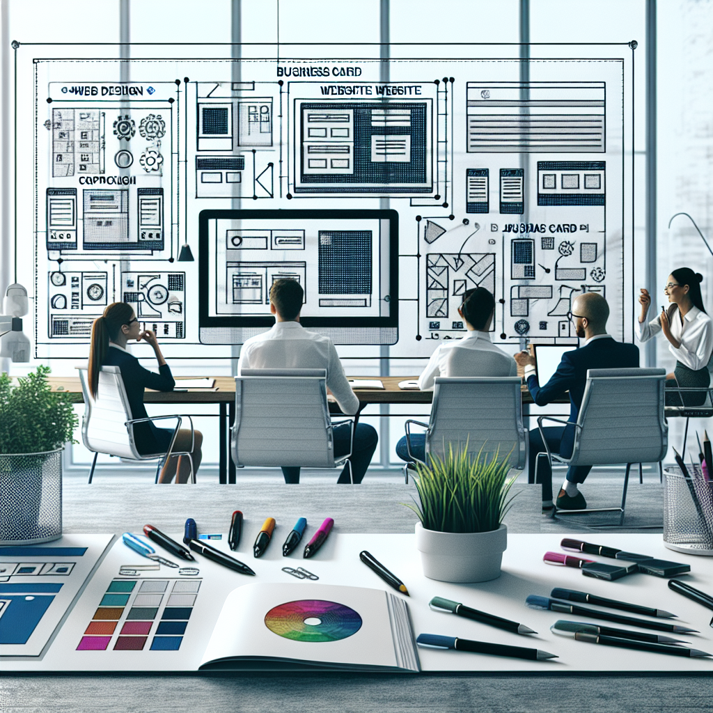 A modern office setting with a team of web designers collaborating on a website project for a business card website