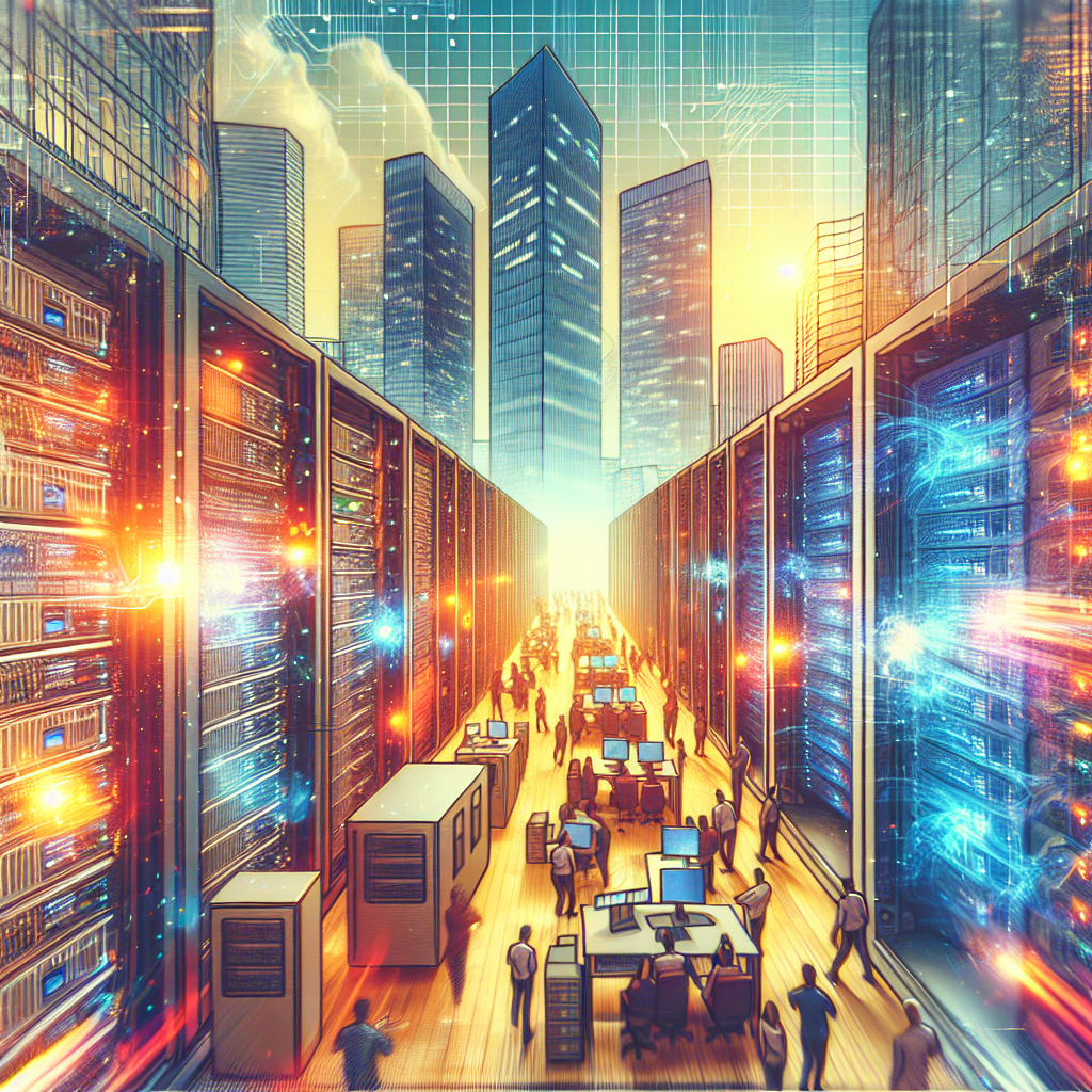 A vibrant illustration of a bustling tech hub in Tel Aviv with servers and cloud technology elements