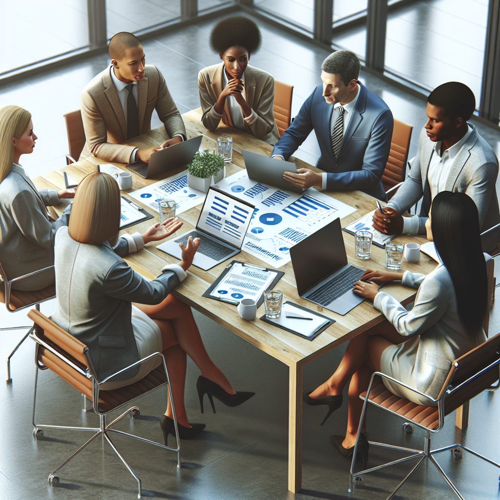 A modern office environment showcasing a team discussing web hosting options with charts and laptops