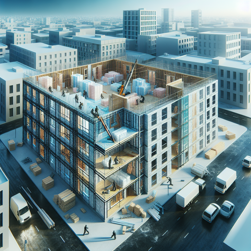 A construction site showing the installation of insulation materials in both new and renovated buildings