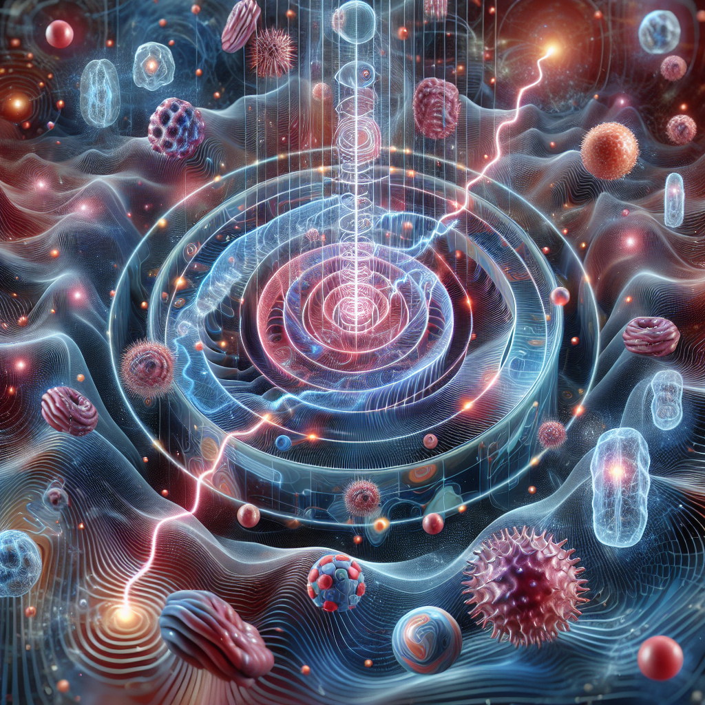 Ilustración científica de campos magnéticos interactuando con células humanas, mostrando ondas y efectos terapéuticos