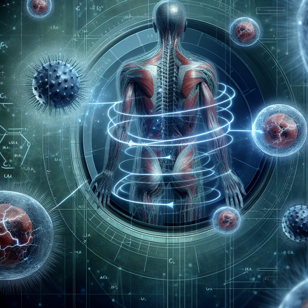 Diagrama científico detallado que muestra células humanas interactuando con campos magnéticos, con líneas de energía y efectos biológicos