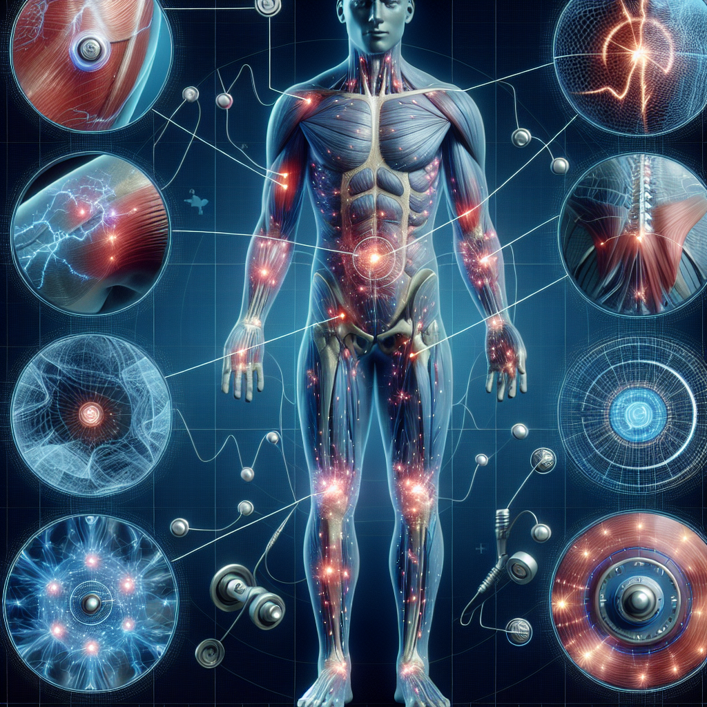 Ilustración médica que muestra diferentes partes del cuerpo humano con campos magnéticos terapéuticos, destacando áreas de tratamiento musculoesqueléticas e inflamatorias