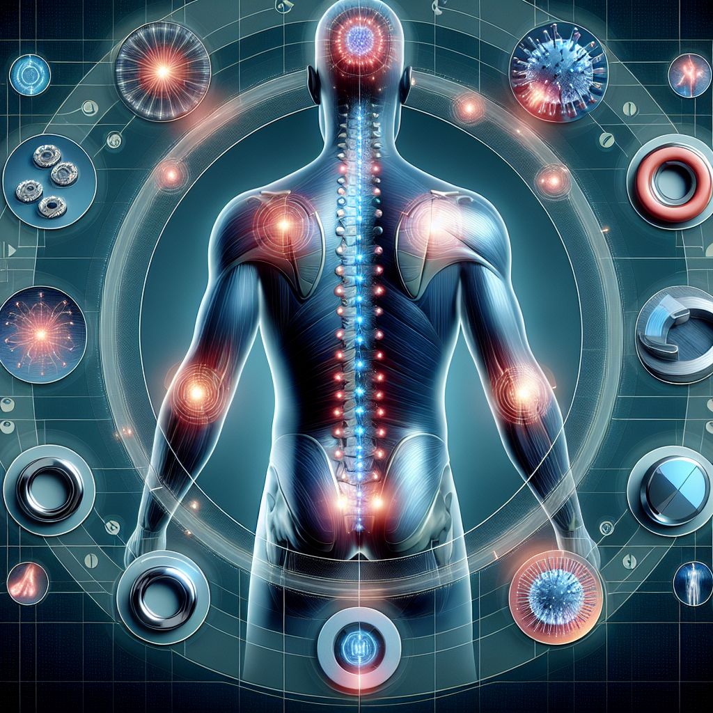 Diagrama médico detallado mostrando diferentes aplicaciones de magnetoterapia en el cuerpo humano, con campos magnéticos dirigidos a áreas específicas de dolor y recuperación