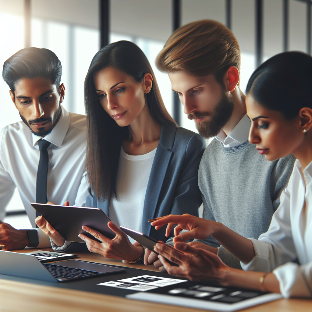 A modern office setting with professionals discussing user experience design concepts on digital devices