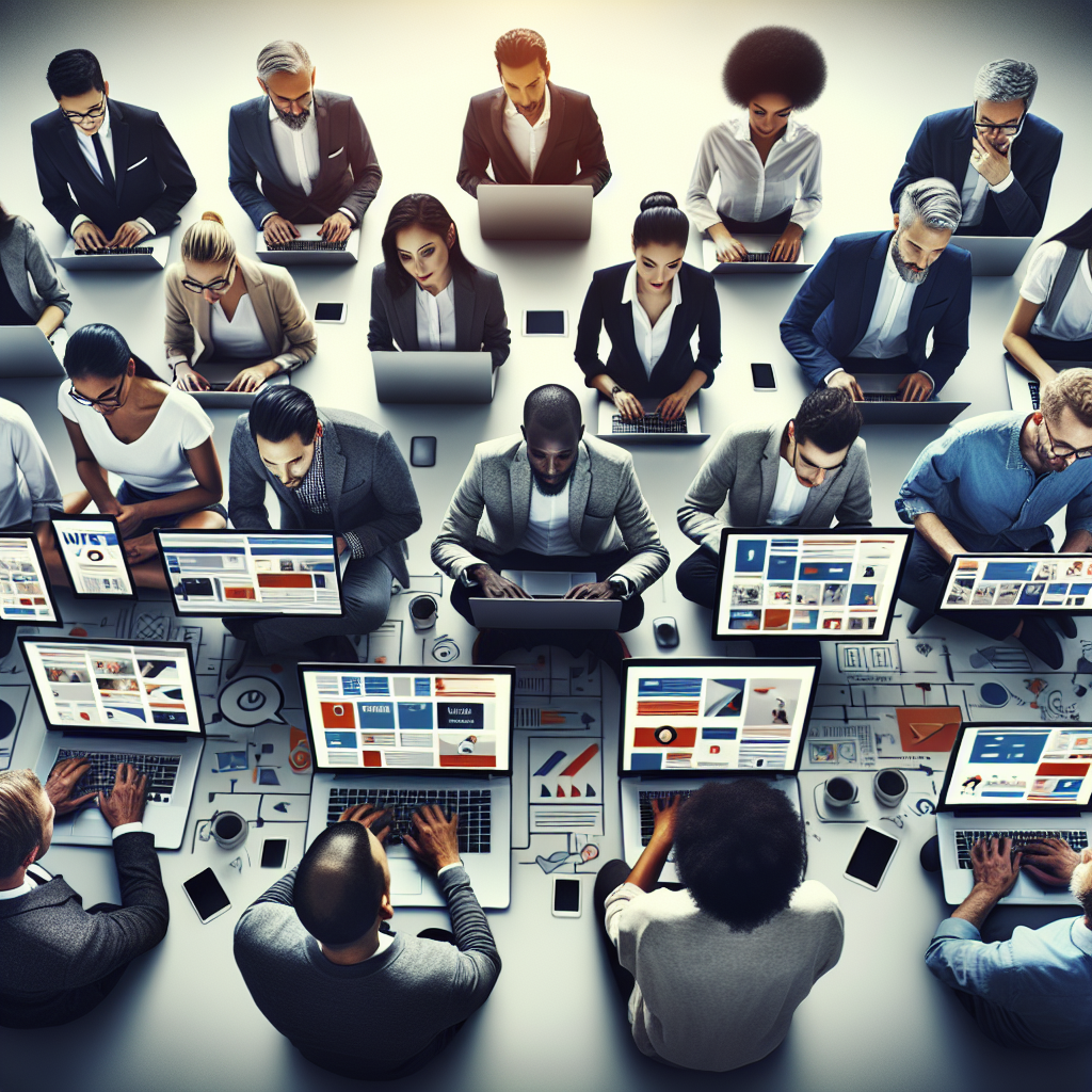 A diverse group of professional web designers collaborating on laptops, showcasing various website designs on screens
