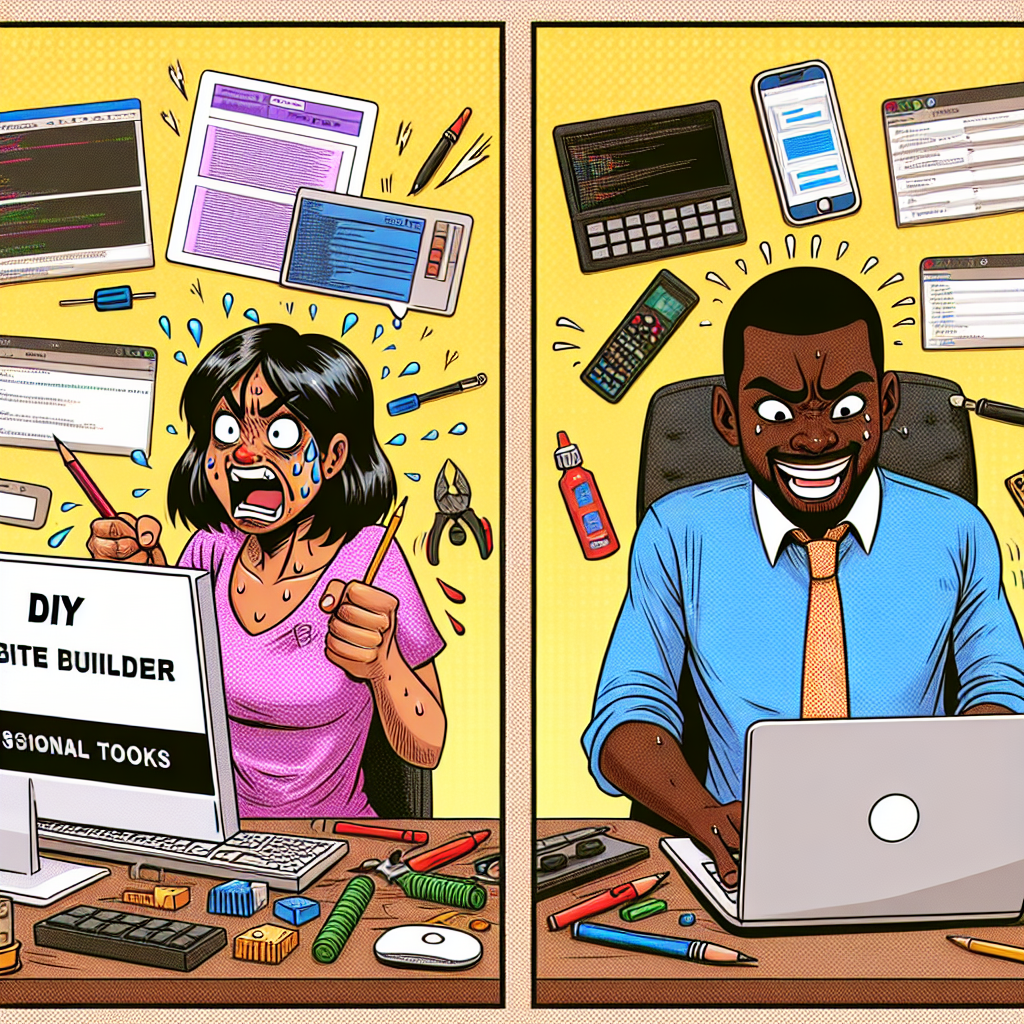 A humorous cartoon depicting two characters: one struggling with a DIY website builder and another confidently working on a laptop with professional tools around them